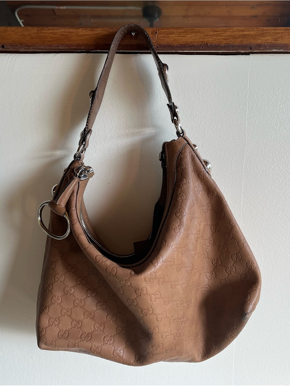 Gucci Guccisima Tan Beige Embossed Leather One Strap Hobo Purse Silver Hardware